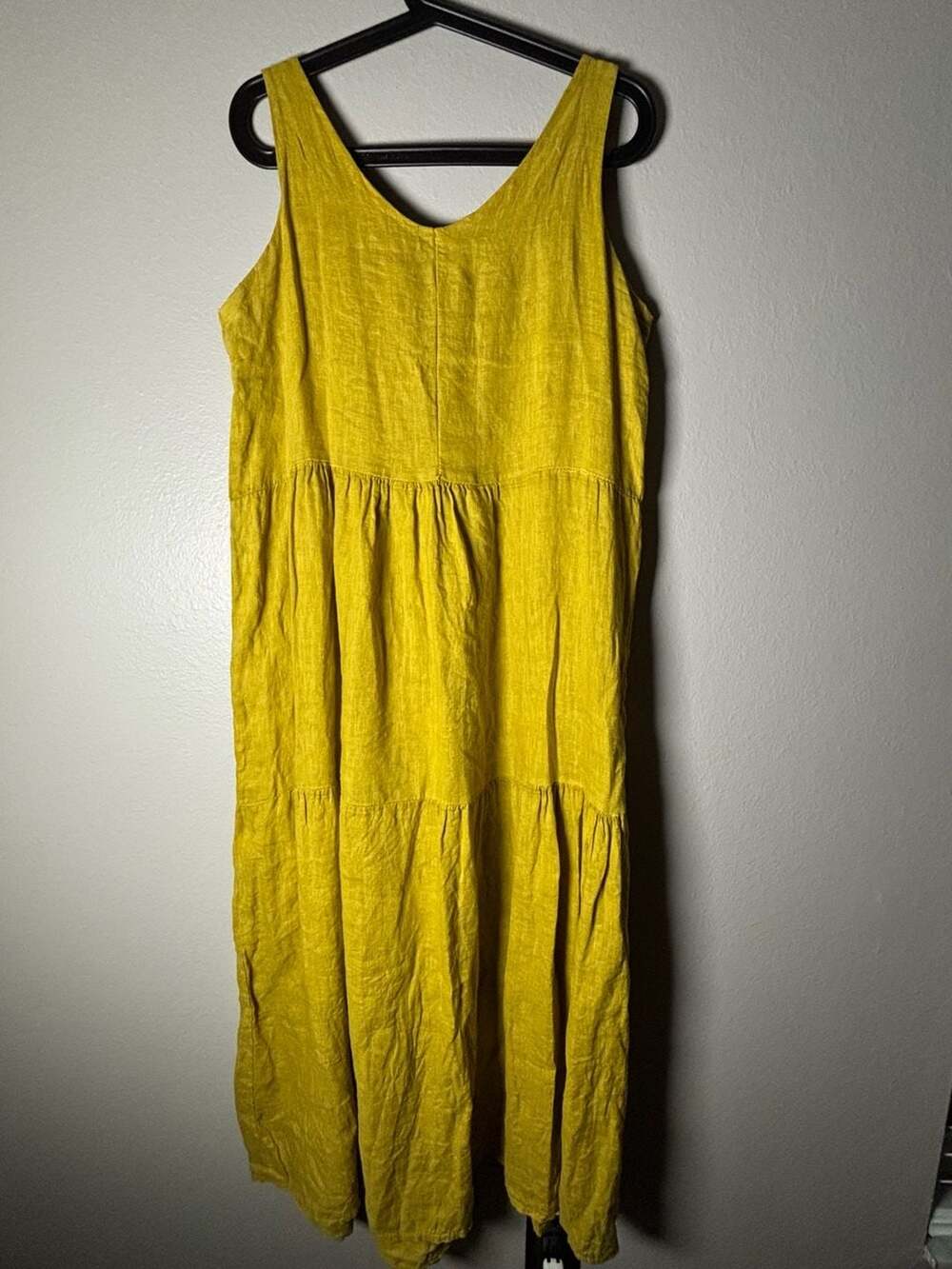 Vanessa Alexandra Made In Italy Mustard Yellow Linen Tiered Sleeveless Maxi Dres